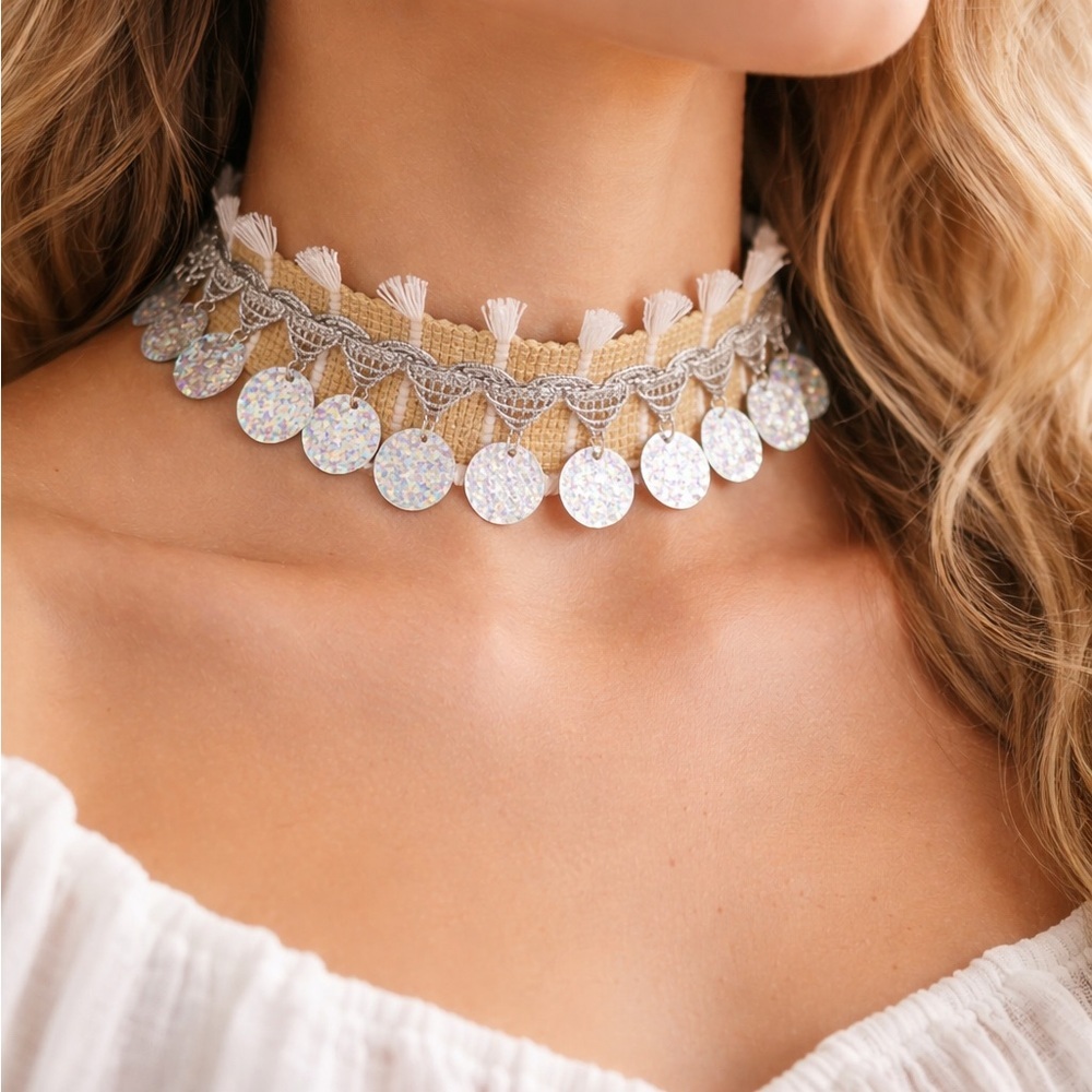 Collar Necklace Coin Fringe Choker ✨ Silver Sequin Tassel Handmade Boho OOAK